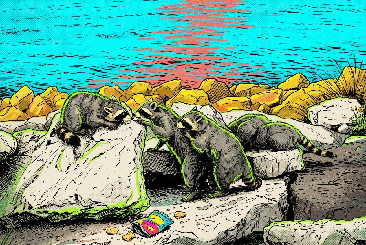 Comic illustration of four Galveston raccoons gathered on shoreline rocks