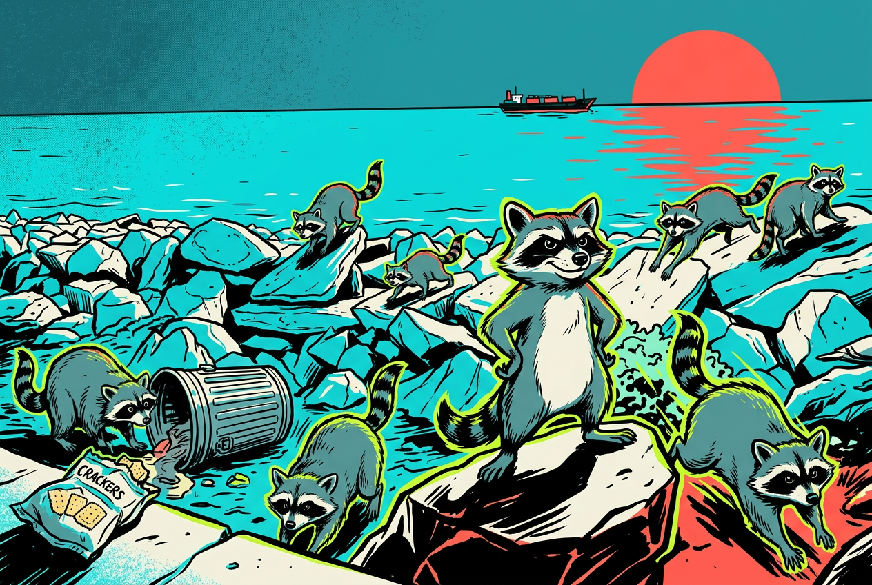 Cartoon colony of Galveston raccoons taking over the seawall rocks
