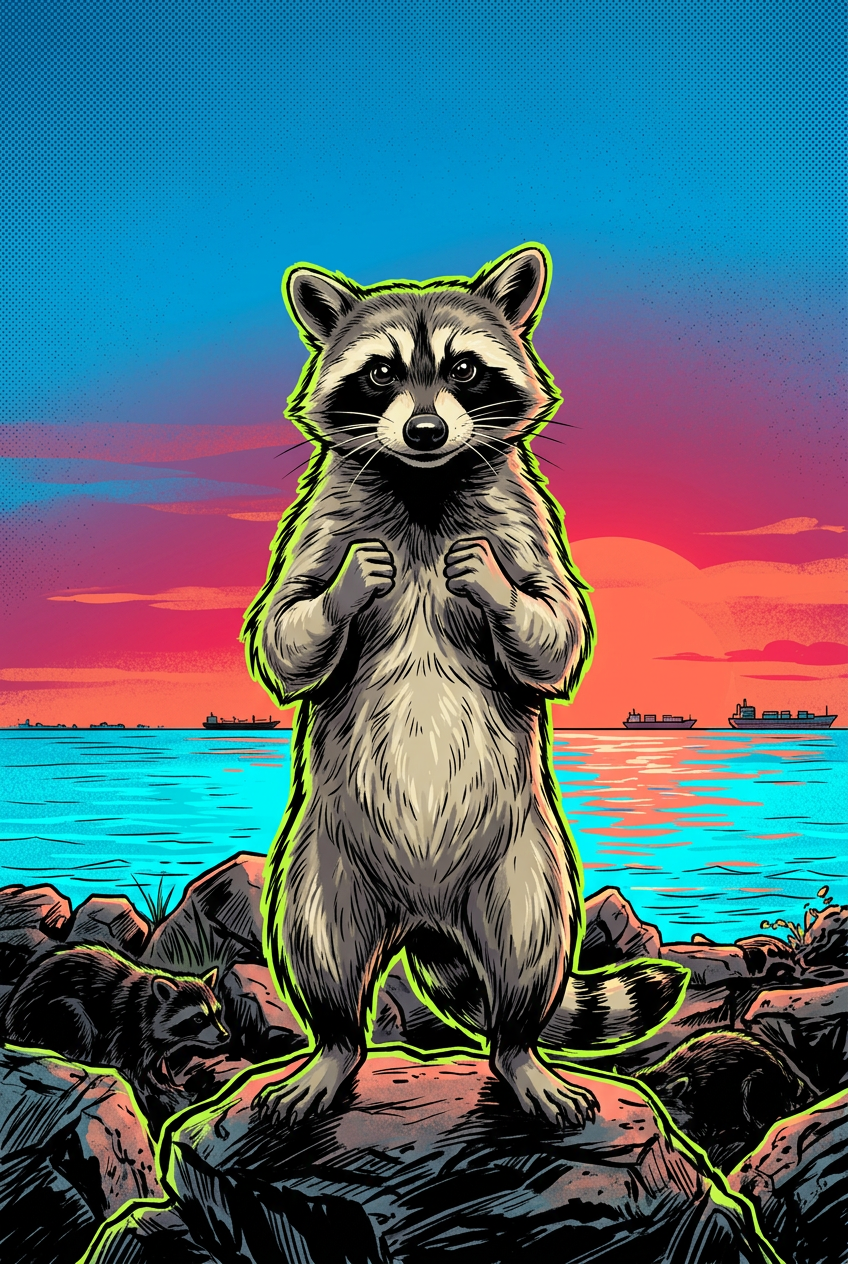 Comic portrait of a Galveston raccoon standing above the Gulf